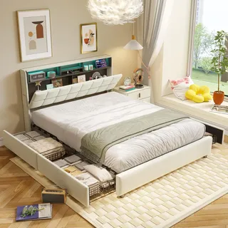 CJHXE Polsterbett 160x200, Bett 160x200 cm mit 4 Schubladen & LED Beleuchtung, Doppelbett mit Stauraum, Stauraumbett mit Lattenrostund Integrierter Ladestation Höhe über Dem Boden 5 cm, Ohne Matratze