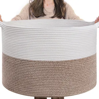 TIMEYARD XXL Groß Wäschekorb, Korb Aufbewahrung, Aufbewahrungskorb Kinderzimmer, Wäschekorb Kinder, Groß Weihnachtsbaum Korb, Körbe für Decken, 55x35cm, Weiß und Braun
