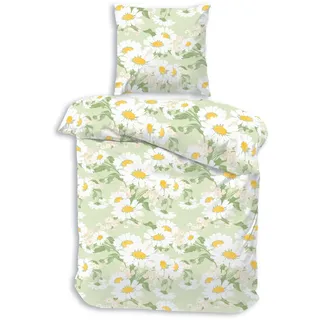 Träumschön Bettwäsche Premium Set 135x200 oder 155x220 aus 100% Baumwolle - Blumen Muster, Baumwolle, 2 teilig, mit Reißverschluss, luftig und leichte Sommerbettwäsche grün