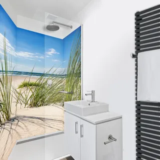 WANDFREUDE Duschrückwand Aluverbundplatte auf Maß, Einsamer Strand | 3 Stück, Premium Matt Lack, individuelle Wandverkleidung Dusche, Duschwandverkleidung, Duschwand Verkleidung, Bad