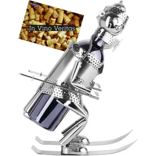 BRUBAKER Weinflaschenhalter Skifahrer mit Mütze und Schal, (Flaschenhalter, Weinhalter Skispringen, 1-St., inklusive Grußkarte), Metall Skulptur, Wein Geschenk Ski, Wintersport silberfarben