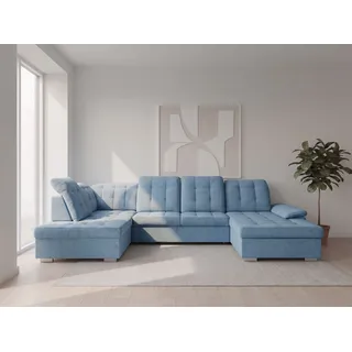 Wohnlandschaft WERK2 "Kordula-New 332 x 217 cm Multifunktion Couch modern und bequem", blau (hellblau), B:332cm H:105cm T:217cm, 95% Polyester, 5% Nylon, Sofas, Wohnlandschaft, Struktur weich, U-Form, XXL, Sitztiefenverstellung, Schlaffunktion