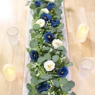 Künstliche Blumengirlande Eukalyptus mit Rosen 2 Stück 180cm Blau-Weiß