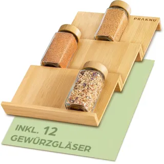 Praknu Gewürzregal mit Gläsern - Gewürzregal aus FSC® Holz - 12er-Set Gewürzgläser eckig mit Bambusdeckel - Inkl. Streueinsatz & Etiketten - Küchen Organizer Aufbewahrung