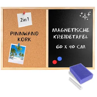 Creative Home 2in1 Kombitafel 60 x 40 cm | Pinnwand Magnettafel Kork & Kreidetafel Magnetisch | Schwarz Tafel mit 5 Stiften & Magneten, Kreide, Schwamm | Küche Korkwand Wandtafel Blackboard Pinwand