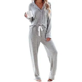 Aamikast Schlafanzug Damen Lang Pyjama Sets mit Knopfleiste Zweiteiliger Nachtwäsche Hausanzug(L,Grau) - L