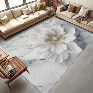 UUZEAI Luxus Teppiche Wohnzimmer, 3D Blumen mit Grau Weiß Marmor Hintergrund Design Teppich Schlafzimmer, Esszimmer, Flur Kurzflor Teppich Weich rutschfest Waschbar Teppiche 100x150cm