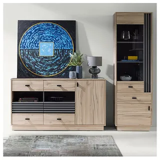 Lomadox Wohnzimmer-Set ANTIGUA-133, (Mega-Spar-Set, 2-St., Vitrine Sideboard), in Eiche mit anthrazitfarbenen Details, 230 cm breit braun