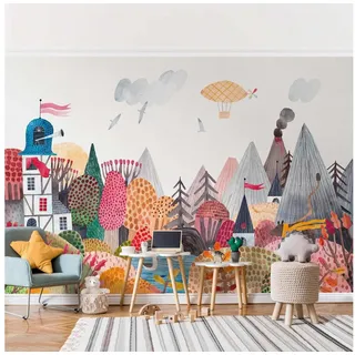 Bilderdepot24 Kindertapete Bunter Märchenwald Aquarell Wald Kunst Natur Landschaft Tiere blau, Glatt, Matt, (Vliestapete inkl. Kleister oder selbstklebend), Mädchenzimmer Jungenzimmer Babyzimmer Bildtapete Fototapete Wandtapete blau 2.4 m x 1.58 m