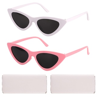 BOXOB 2 Stück Katzenaugen Sonnenbrillen für Damen, Trendige Vintage Sonnenbrillen für Damen Retro Sonnenbrillen Set für Party Täglicher Gebrauch mit 2 Stück Sonnenbrillentaschen (Weiß, Rosa)