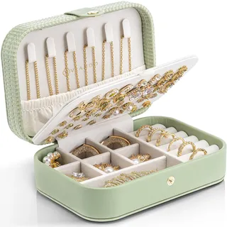 VLANDO Schmuckkästchen Reise, Schmuckaufbewahrung Klein, für 48 Ohrringe | Urlaub Must Haves, Geschenk für Damen, Für Halsketten, Ringe,Weiches Samtfutter, Kompakt Leicht, Grün