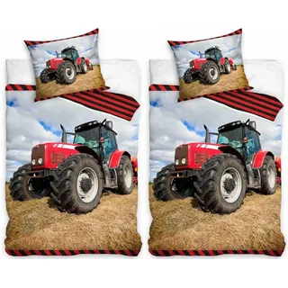 Carbotex Bettwäsche Roter Traktor - Partner-Bettwäsche für 2 Personen, 135x200 & 80x80, Baumwolle, 100% Baumwolle bunt