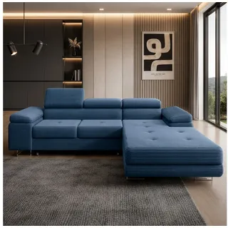 Goldstoff Ecksofa "ALVARO" mit Schlaffunktion und Bettkasten L-Form Couch, Stylisches Wohnlandschaft Sofa in L-Form mit Komfortfunktion 1 Teile, Moderne Eckcouch L-Form mit Relaxfunktion und Schlaffunktion blau
