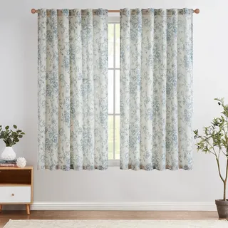 TOPICK Floral Gardinen Leinenoptik Vorhänge 2er Set H145xB140 Blau Beige | Lichtdurchlässig Gardinen Wohnzimmer boho landhausstil blickdicht Vorhänge Schlafzimmer mit Tunnel und verdeckten schlaufen