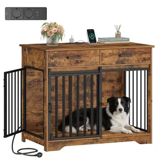 Hzuaneri Hundekäfig Möbel mit Steckdose, Hundebox für Zuhause mit Schiebetür im Scheunentür-Stil & 2 Schubladen, 3-Türen Sideboard für Mittel/Große Hunde, 97 x 56 x 81 cm, Vintagebraun DFC90301BEU