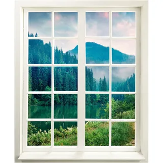 Wandtattoo - Fenster mit Aussicht "Tannenwald und Fluss" 83 x 100 cm - Wandaufkleber - Wandsticker
