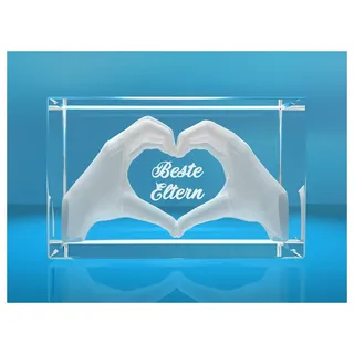 Dekofigur 3D Glasquader I Herz aus Händen mit Gravur I Text: Beste Eltern, Hochwertige Geschenkbox, Made in Germany, Familienbetrieb