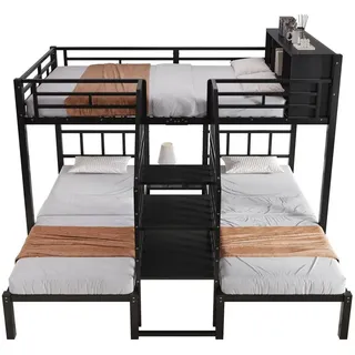 Eisenbett,Etagenbett,Mit drei Schlafplätzen,Bequeme Treppe mit Handläufen,Stabile Bettgestellstruktur,Oberes Bett mit Stauraum,90x200cm+140x200cm