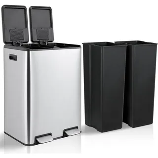 Mülleimer/Abfalleimer - Tretmülleimer mit 2 Fächern - 60 l - Edelstahl - Integrierter Geruchsfilter - Herausnehmbare Inneneimer - 50,8×32,3×66... - Silber