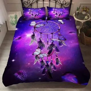 Bettwäsche set 3 Teilig (1 Bettbezug und 2 Kissenbezug) Traumfänger Tier Wolf Indien Böhmen Schmetterling Feder Phoenix Kuh Schädel Lila Brown Rot Blau Grün (Traumfänger 1, Doppelbett 200x200 cm)