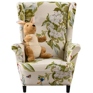 Highdi Kinder Ohrensessel Überzug, Sessel-Überwürfe Ohrensessel Schonbezüge Bezug Sesselhusse Elastisch Stretch Tiger Stuhlbezug mit Armlehne Hohe Rückenlehne Universal (beige Feder)