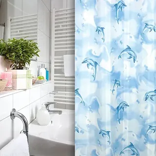 TEXTIL DUSCHVORHANG WEISS BLAU DELPHINE 180x200 + RINGE! SHOWER CURTAIN BLUE!
