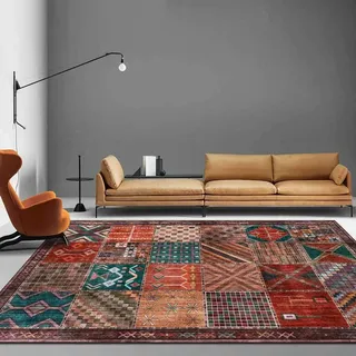 QJDTZMD Teppich Läufer Flur Küche rutschfest Waschbar Vintage geometrische Quadrate Patchwork dunkelrotbraun, rechteckig, 60 x 90 cm Modern Teppichläufer