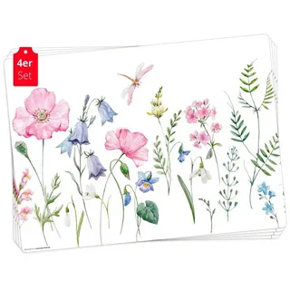 Tischsetmacher Tischsets | Platzsets abwaschbar – Blumenwiese Aquarel rosa – aus Premium Vinyl (Kunststoff – BPA-frei) - 4 Stück - 44 x 32 cm - rutschfeste Tischdekoration!