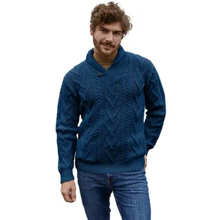 SAOL 100% Merinowolle Aran Herren Schalkragen Pullover mit eine Taste, in Natur/Holzkohle/Armeegrün/Marine/Meerblau - L