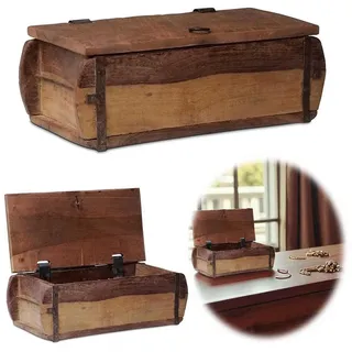 LS-LebenStil Holzkiste Vintage Holz Ziegelform 31x15cm Original Aufbewahrungsbox mit Deckel (Echte alte Vintage Allzweckkiste Holzbox mit Metallbeschlägen, 1 St., Original Unika Recycelt, Holzkiste, Besteckkasten Besteckkorb), Rustikale Ordnungsbox Allzweckkiste Aufbewahrungskiste Organizer braun