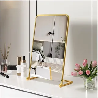 NOIRDA Desktop-Kosmetikspiegel, Schminkspiegel Mit Metallrahmen, Standspiegel Klein, Makeup Spiegel Rechteckiger Spiegel, Kompakter Tischspiegel(Gold,30x40cm)
