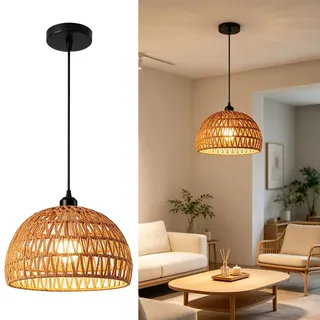 Xevinas Boho Lampenschirm Hängelampe, Rattan Lampenschirm E27 (D) | Hängelampe Esstisch, Deckenlampe Boho, Vintage Rattan Lampe Hängend Für Küche Esstisch Bar Café Wohnzimmer, 1m Kabel