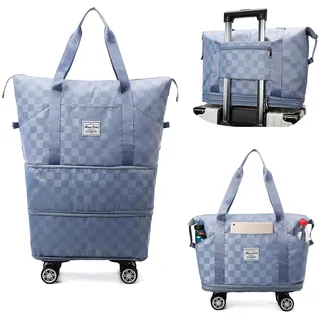Reisetasche mit Rollen, Faltbare Reisetasche mit großer Kapazität, Erweiterbar Handgepäck mit Abnehmbar Rollen Damen Weekender Tasche Travel Handgepäck mit Nassfach für Sport Fitness Reisen (Blau) - 36 cm x 21 cm x 60 cm