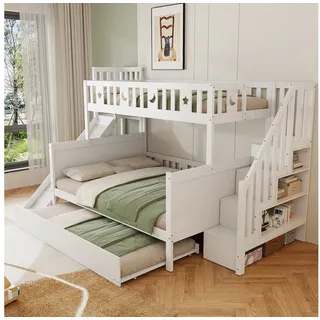 Flieks Etagenbett, Kinderbett 90x200cm/140x200cm mit Treppe Rutsche Ausziehbett 90x190cm weiß 167.5 cm x 296 cm x 172.5 cm