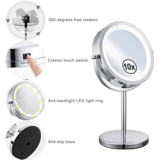 360° Drehbarer, Beleuchteter Vergrößerungsspiegel, Kosmetikspiegel, 10-fach Vergrößernder Spiegel, Beleuchteter Kosmetikspiegel, Doppelseitiger, Schwenkbarer Kosmetikspiegel Mit Ständer, Friseurspiege