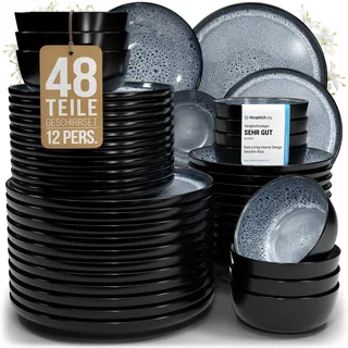 Steingut Geschirrset 12 Pers. Ibiza 48-tlg Hochwertiges Mediterranes Steingut Geschirr Set - Schüssel- und Teller Set - Tafelservice 12 Personen Geschirrsets Pure Living in Graublau