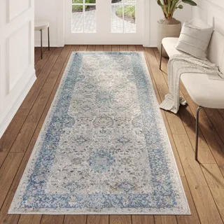 TAPISO Valley Teppichläufer Vintage, Kurzflor Blau Blumen Rahmen Used Effekt Meliert Verwischt, für Flur, Wohnzimmer, Schlafzimmer, Esszimmer – Eleganter TeppichLäufer – 120 x 200 cm