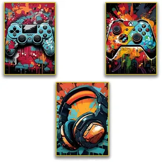 JYNXOR 3 Stück Graffiti Jungenzimmer Wandbilder, Jugendzimmer Deko Jungen, Bunte Fußball Kopfhörer Gamepad Bilder für Schlafzimmer Jugendzimmer Spielzimmer Deko 20x30 Zoll Ungerahmt