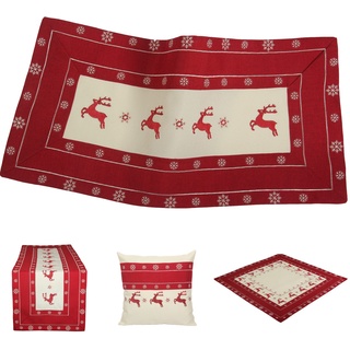 Quinnyshop-Weihnachten Motive Stickerei Rentiere und Schneeflocken Kissenbezug 40 x 40 cm Leinen-Optik Polyester, Creme Rot