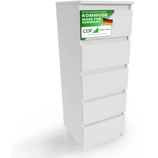 CDF Kommode Weiß Hoch Schubladenschrank mit 5 Schubladen Schmal Komode 40B x 45T x 111H Wohnzimmer Schlafzimmer Flur Schrank Sideboard Highboard viel Stauraum Sideboard Malm Kommode Modern