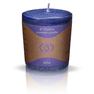Aromantra - Chakra Duftkerze Indigo 4,5x4cm - Stirnchakra Ajna Drittes Auge - Palmwachs - Duft Lavendel Tanne - Meditation & Yoga 16h