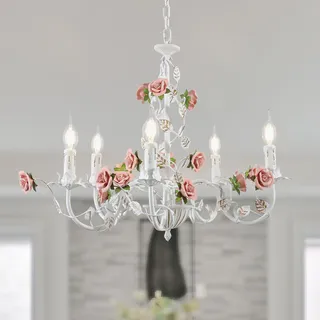 meibeileil Blumen Kronleuchter Vintage,Weiße Metall Esszimmerlampe Hängend Mit Rosa Keramikrose,Französischer E14 Kerzen Pendelleuchte FüR Schlafzimmer,Wohnzimmer,MäDchenzimmer,KüChe,5 Köpfe