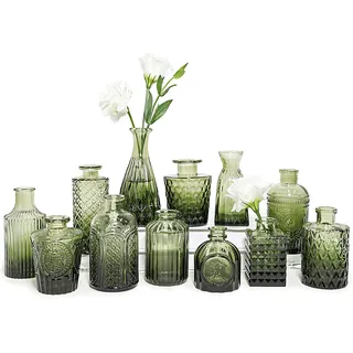SUPMIND Glasvasen-Set, kleine grüne Blumenvasen für Tafelaufsätze, Mini-Vintage-Vase für Hochzeit, Zuhause, Tischdekoration, 12-teilig