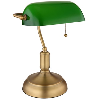Schreibtischleuchte Bankerlampe Tischlampe altmessing Glas grün Leseleuchte, Schirm schwenkbar, Zugschalter, 1x E27 Fassung, LxH 26,5x36 cm