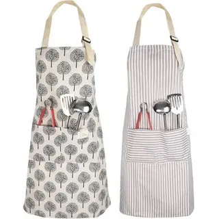 2er Set Damen Kochschürze Baumwolle Kittelschürze mit Tasche