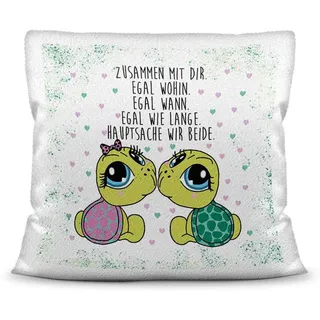 Print Royal Deko-Kissen Tiere mit liebem Spruch - Zusammen mit Dir - Schildkröte/Ich Liebe Dich/Geschenk für Freund, Freundin / 40x40 / Weiß - flauschig inkl. Füllung