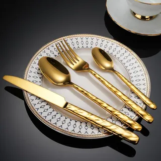 ESSONIO Besteckset Gold Besteck Set 5 Personen 25-Piece Cutlery Set with Welligkeit Handles Spiegelpoliertes Besteckset Spülmaschinenfest Elegantes Tafelbesteck für Home