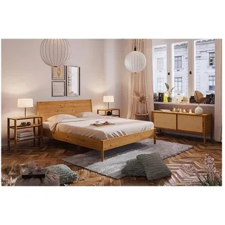Lomadox Schlafzimmer-Set PORI-165, (Spar-Set, 4-tlg., Bettgestell Nachttische Lowboard), Bett 200x200cm, Holzkopfteil, Wildeiche massiv geölt, Rattangeflecht braun