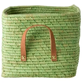 rice Aufbewahrungsbox Aufbewahrungskorb Raffia grün 30 cm geflochten mit Lederdetails grün
