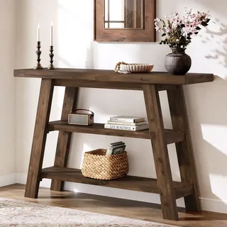 Massivholz-Konsolentisch, 120 cm langer Landhaus-Eingangstisch mit 3-stufigen Regalen, rechteckige Couchtische Akzenttische hinter dem Sofa - Braun